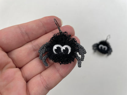Fringed extra fluffy Spooky Spider earrings in the hoop ITH Halloween girls scare charm FSL freestanding lace machine embroidery designs - image 2