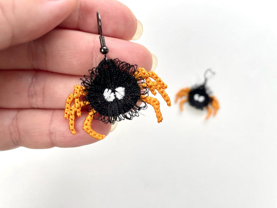 Fringed fluffy Spooky Spider earrings in the hoop Halloween girls scare charm FSL freestanding lace machine embroidery designs simply ITH - image 1
