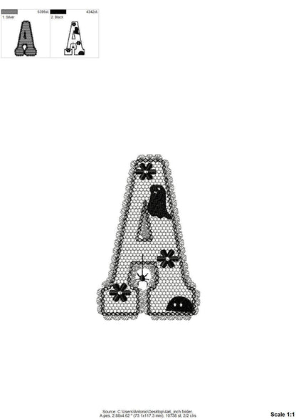 Lace Edge Halloween FONT lace patterned Floral Alphabet Monogram Peekeng Ghost Spider machine embroidery designs large sizes 3 up to 5.6 in - image 7