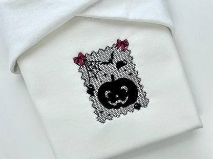 Halloween Pumpkin Lace effect Jack o Lantern Bats Spider Web Bow machine embroidery designs sizes 4 up to 7 inch girls scary spooky design - image 1