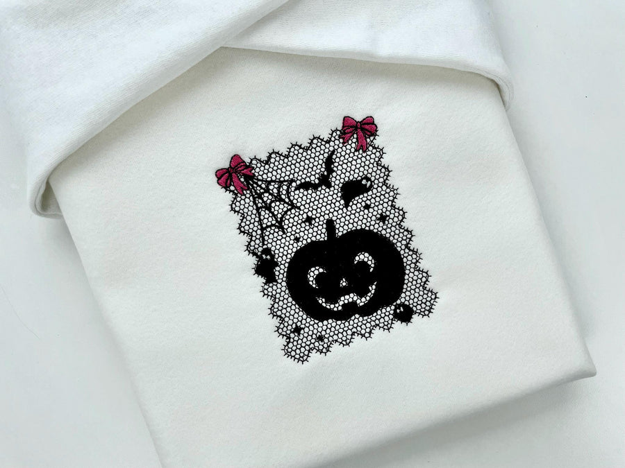 Halloween Pumpkin Lace effect Jack o Lantern Bats Spider Web Bow machine embroidery designs sizes 4 up to 7 inch girls scary spooky design - image 1