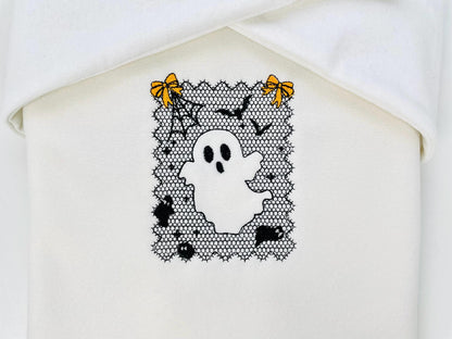 Halloween Ghost Lace effect Bats Spider Web Bow Cute Ghost machine embroidery designs sizes 4 up to 7 inch kids girls scary spooky design - image 4