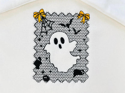 Halloween Ghost Lace effect Bats Spider Web Bow Cute Ghost machine embroidery designs sizes 4 up to 7 inch kids girls scary spooky design - image 2