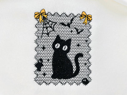 Halloween Kitty Cat Lace effect Black Kitten Spider Web Bats Ghost machine embroidery designs sizes 4 up to 6 inch girls scary spooky design - image 2