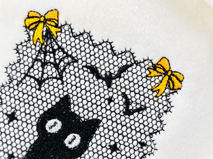 Halloween Kitty Cat Lace effect Black Kitten Spider Web Bats Ghost machine embroidery designs sizes 4 up to 6 inch girls scary spooky design - image 1
