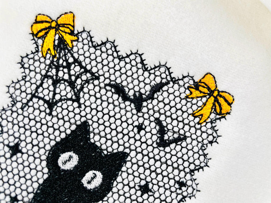 Halloween Kitty Cat Lace effect Black Kitten Spider Web Bats Ghost machine embroidery designs sizes 4 up to 6 inch girls scary spooky design - image 1