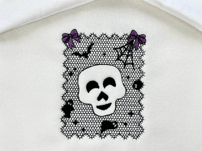 Halloween Skull Lace effect Bats Ghost Spider Web Bow machine embroidery designs sizes 4 up to 7 inch kids girls scary spooky design - image 1