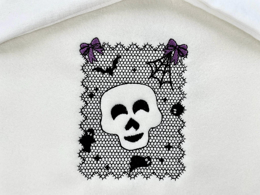 Halloween Skull Lace effect Bats Ghost Spider Web Bow machine embroidery designs sizes 4 up to 7 inch kids girls scary spooky design - image 1