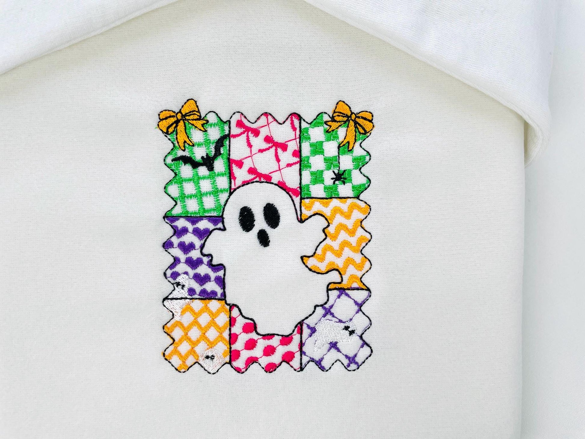 Halloween Ghost Girl patchwork patterned cute Ghost kids baby girls machine embroidery designs sizes 4 up to 8 inch scary spooky design - image 1