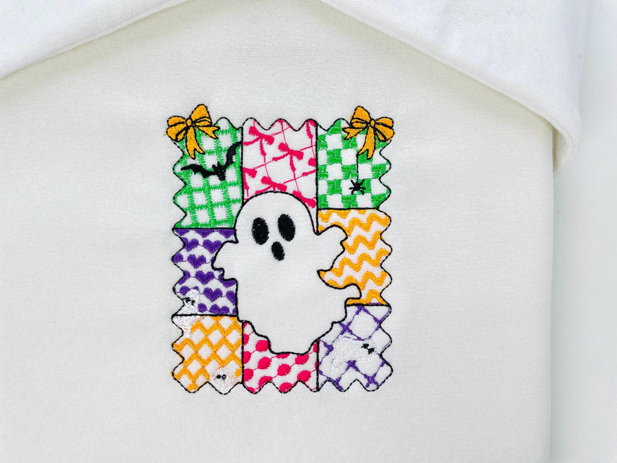 Halloween Ghost Girl patchwork patterned cute Ghost kids baby girls machine embroidery designs sizes 4 up to 8 inch scary spooky design - image 1