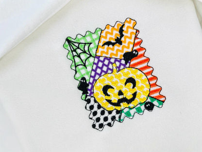 Halloween Pumpkin patchwork patterned Jack-o-Lantern machine embroidery designs sizes 4 up to 7 inch scary spooky design Bats and Spider Web - image 3