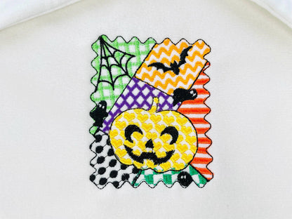 Halloween Pumpkin patchwork patterned Jack-o-Lantern machine embroidery designs sizes 4 up to 7 inch scary spooky design Bats and Spider Web - image 2