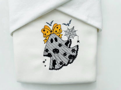 Cute Little Ghost with Bow lace effect dress Halloween machine embroidery designs for hoop 4x4 and 5x7 kids scary spooky design baby girls - image 1