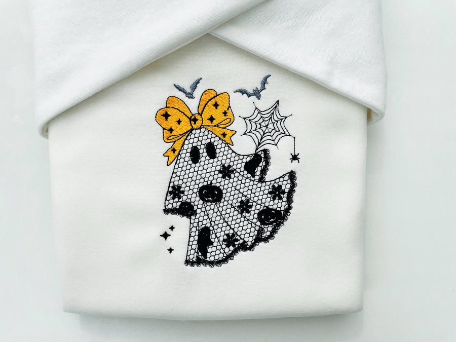 Cute Little Ghost with Bow lace effect dress Halloween machine embroidery designs for hoop 4x4 and 5x7 kids scary spooky design baby girls - image 1