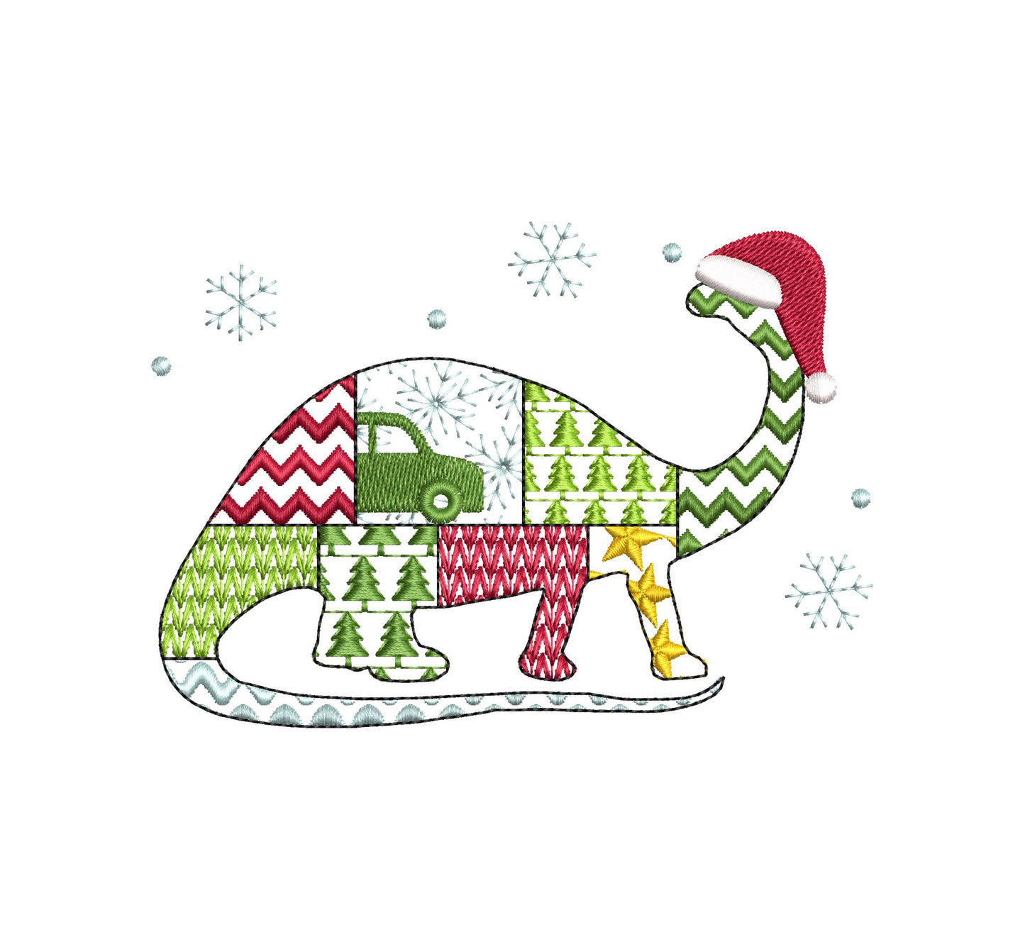 Christmas Apatosaurus Kiwi Jurassic Dinosaur Patchwork patterned silhouette outline kids machine embroidery designs