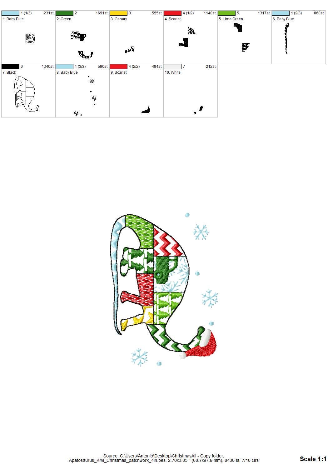 Christmas Apatosaurus Kiwi Jurassic Dinosaur Patchwork patterned silhouette outline kids machine embroidery designs