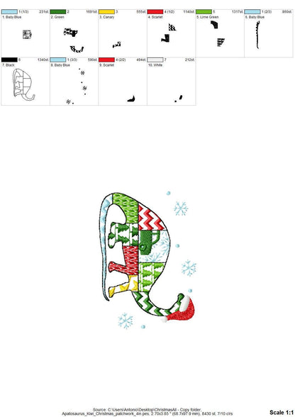 Christmas Apatosaurus Kiwi Jurassic Dinosaur Patchwork patterned silhouette outline kids machine embroidery designs