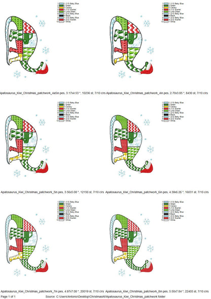 Christmas Apatosaurus Kiwi Jurassic Dinosaur Patchwork patterned silhouette outline kids machine embroidery designs