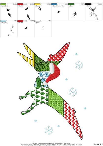 Christmas Pterodactyl Blaze Patchwork patterned Jurassic Dinosaur silhouette outline kids boys machine embroidery design