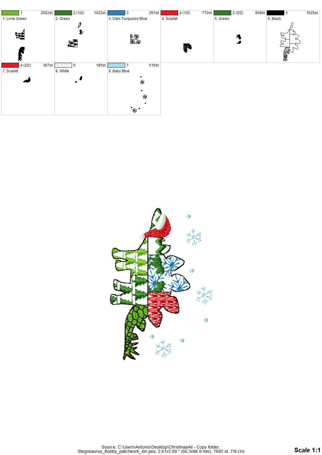 Christmas Stegosaurus Bobby Jurassic Dinosaur Patchwork patterned silhouette machine embroidery