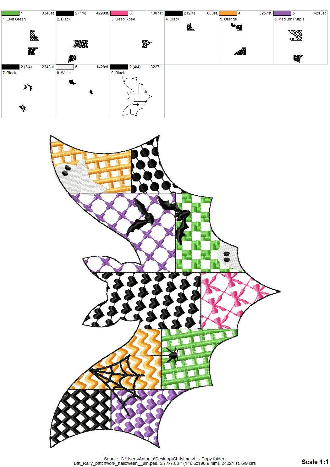 Patchwork Bat Raily Halloween theme awesome patterned Flying Bat outline spooky girls machine embroidery designs sizes 4 up to 8 inch