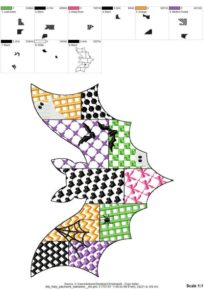 Patchwork Bat Raily Halloween theme awesome patterned Flying Bat outline spooky girls machine embroidery designs sizes 4 up to 8 inch