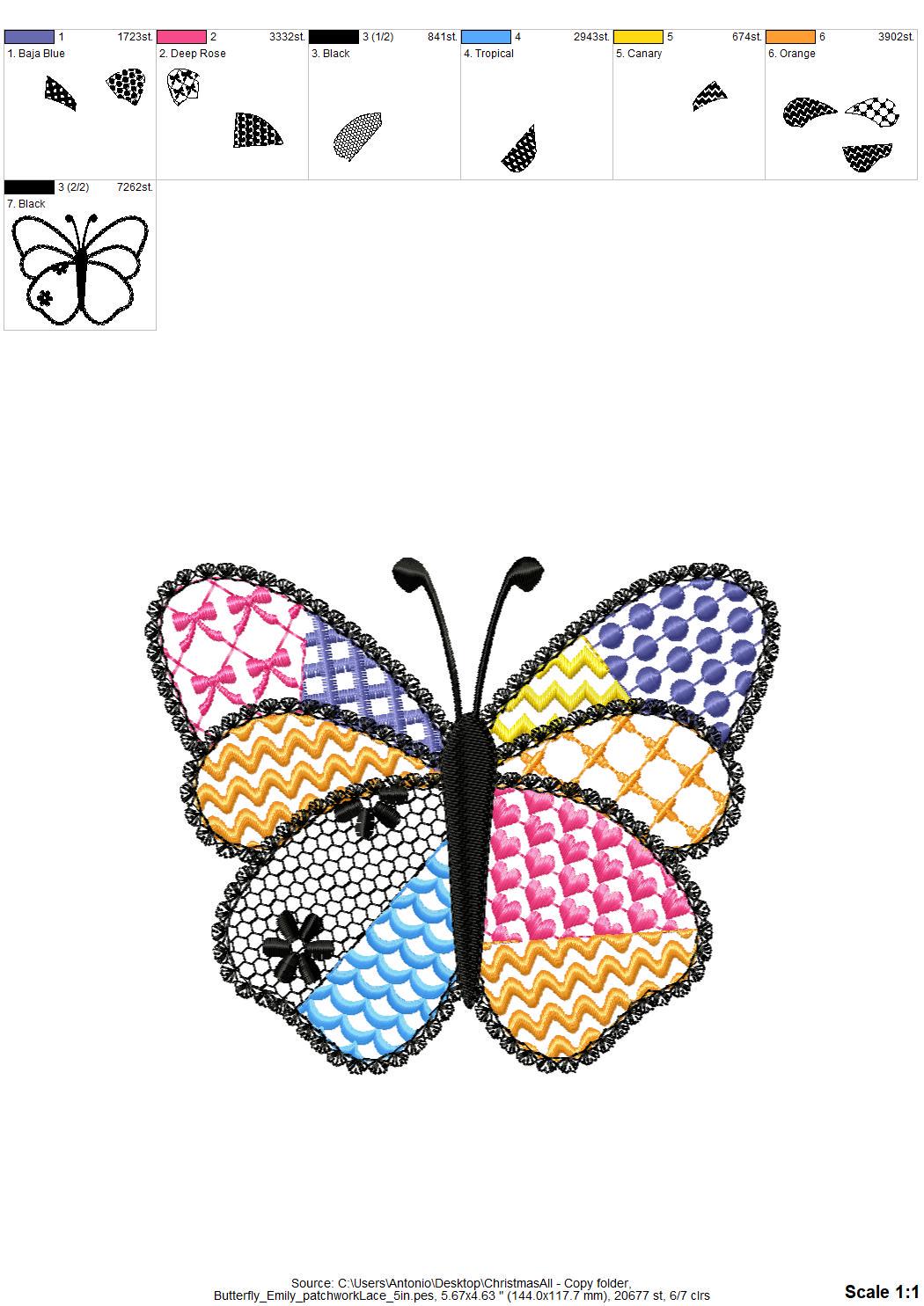 Awesome Patchwork Butterfly Emily with lace edge Wings girly girls outfit sweet home patterned machine embroidery designs sizes 3 up to 7 in