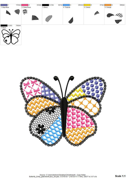 Awesome Patchwork Butterfly Emily with lace edge Wings girly girls outfit sweet home patterned machine embroidery designs sizes 3 up to 7 in