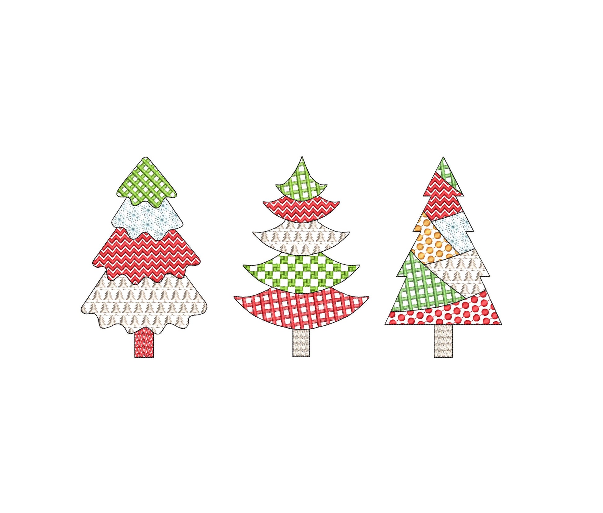 Patchwork Christmas Tree Set of 3 types Holly Merry Santa patterned silhouette outline machine embroidery designs