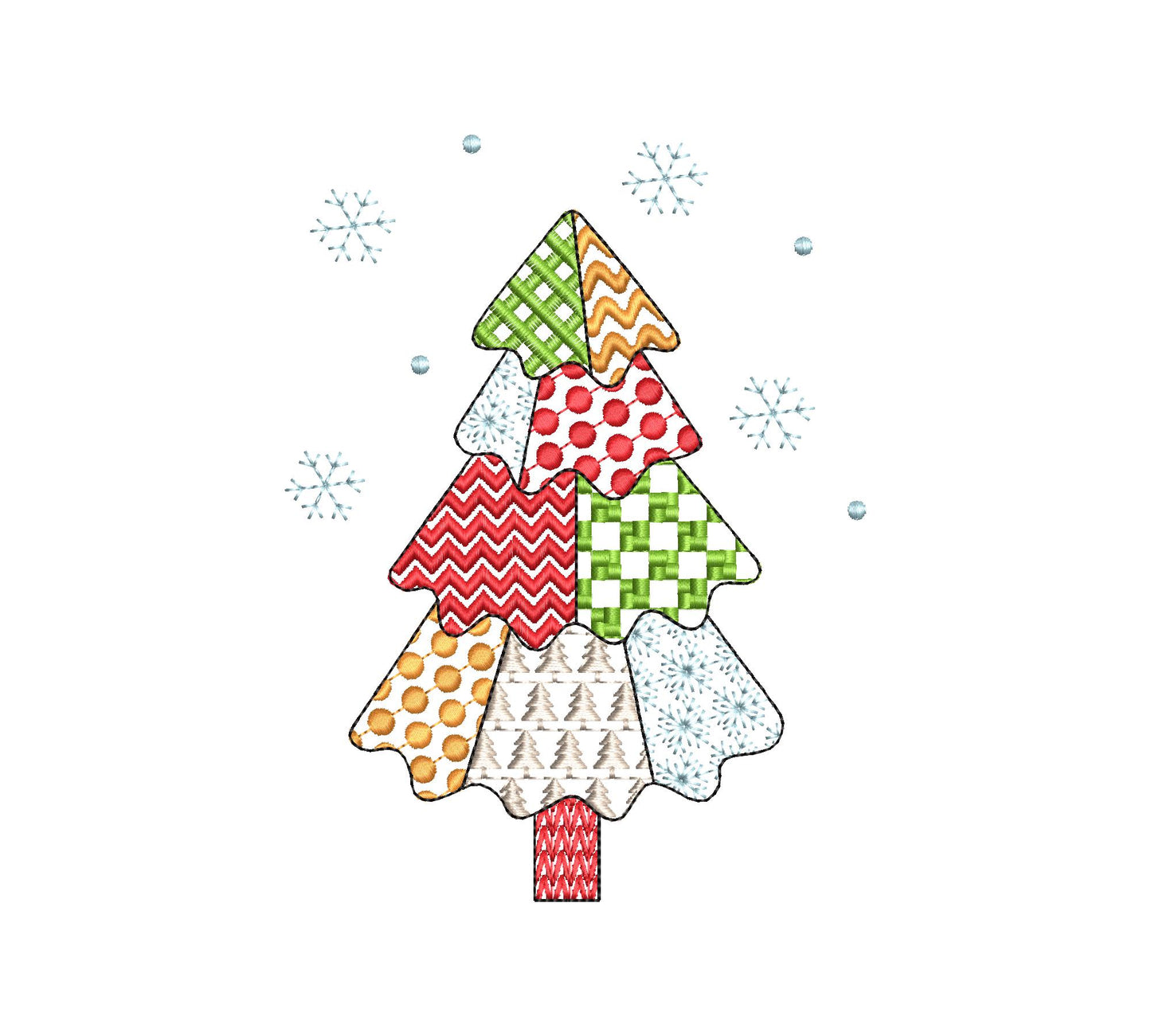 Patchwork Christmas Tree falling Snowflake folk patterned silhouette outline machine embroidery designs many sizes 4 up to 8 inches