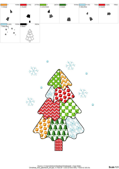 Patchwork Christmas Tree falling Snowflake folk patterned silhouette outline machine embroidery designs many sizes 4 up to 8 inches