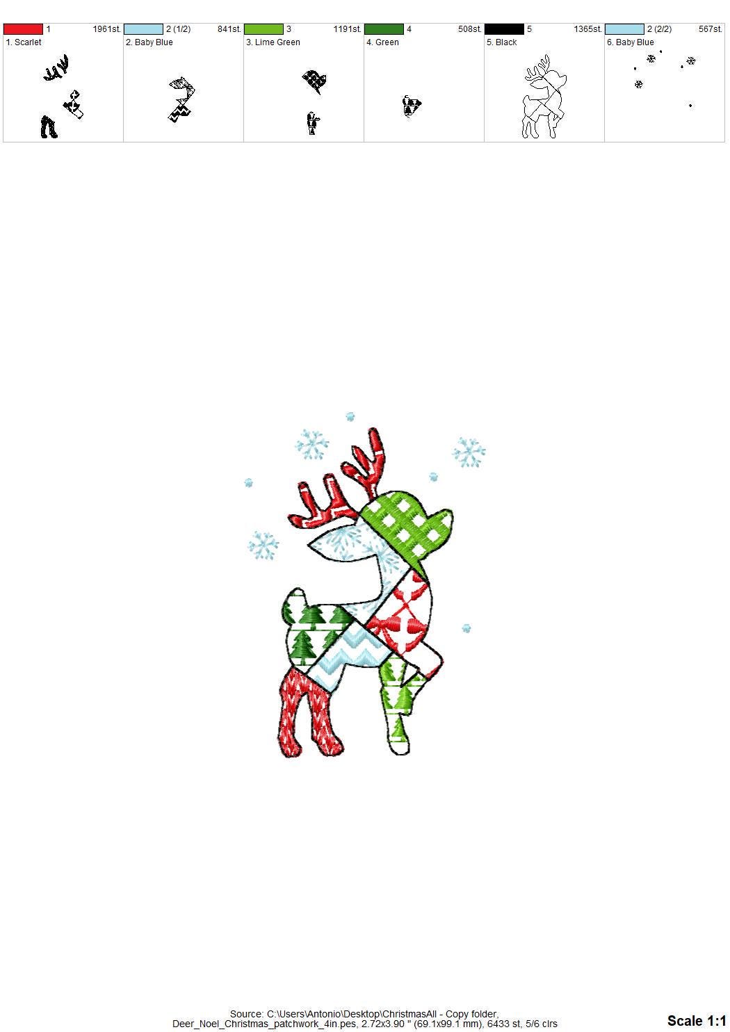 Patchwork Deer Noel Christmas theme cute Reindeer patterned silhouette outline kids baby machine embroidery designs