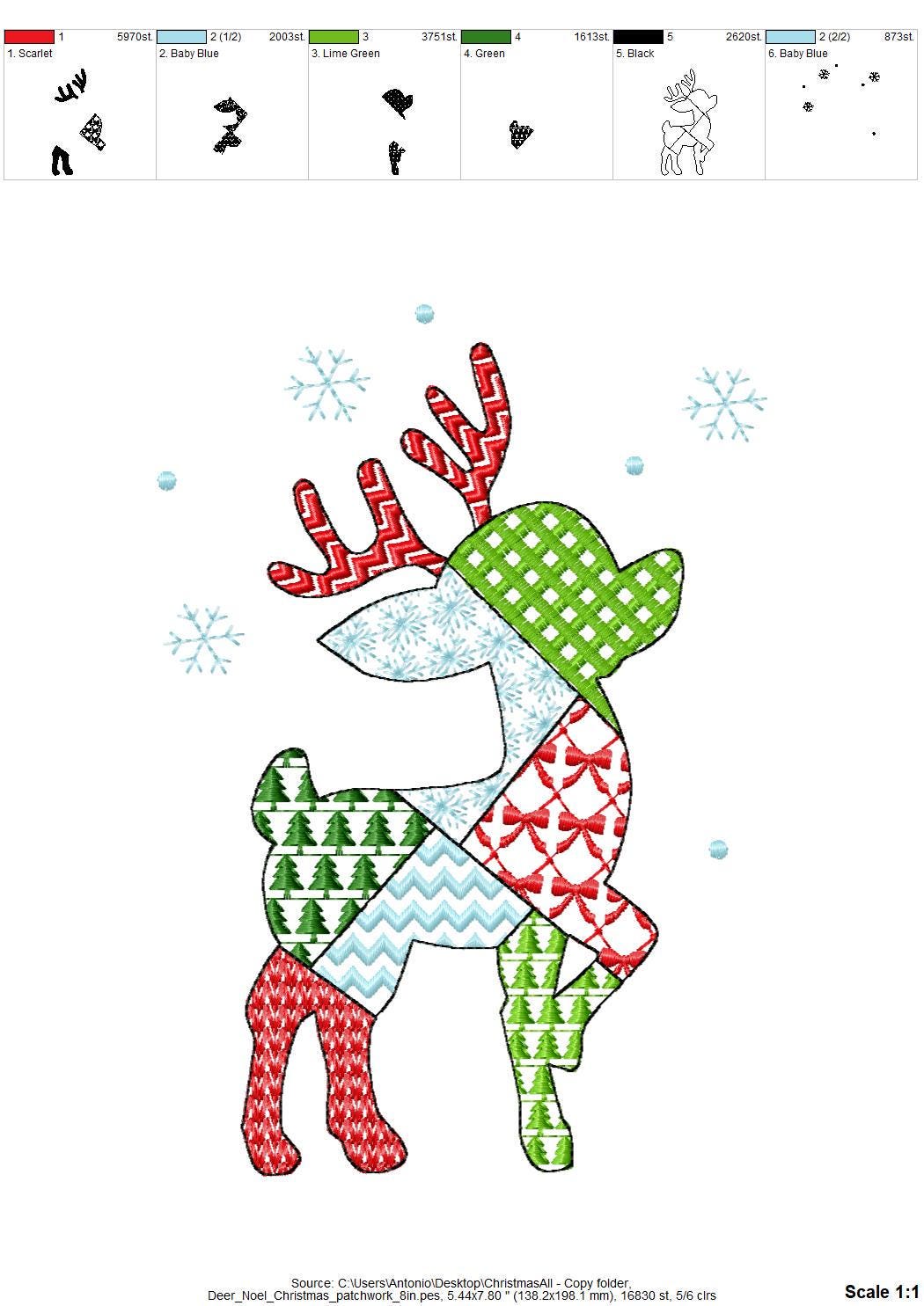 Patchwork Deer Noel Christmas theme cute Reindeer patterned silhouette outline kids baby machine embroidery designs