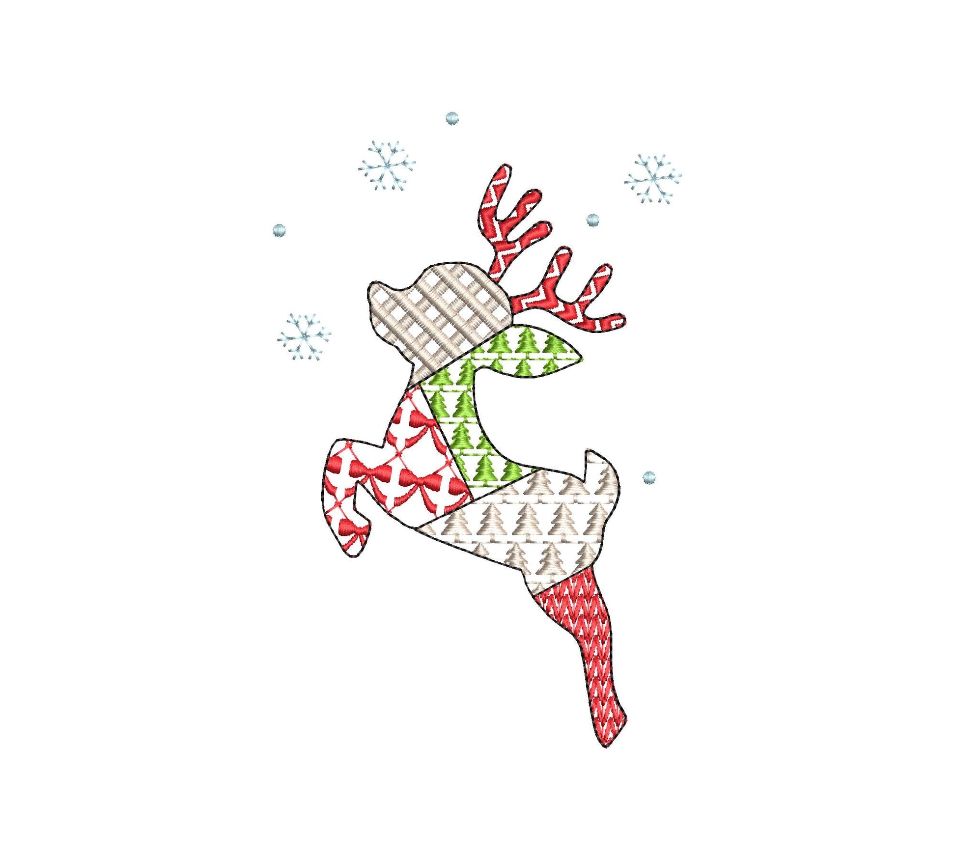 Patchwork Deer Tinsel Christmas theme cute Reindeer patterned silhouette outline kids baby machine embroidery designs sizes 4 up to 8 inches