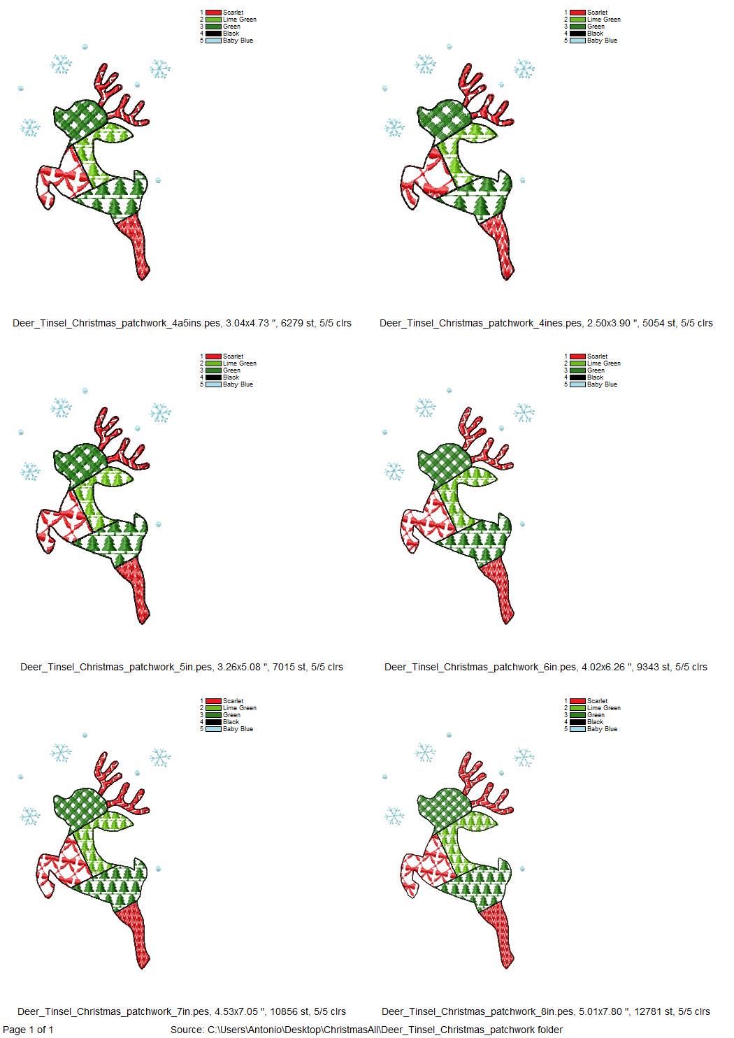 Patchwork Deer Tinsel Christmas theme cute Reindeer patterned silhouette outline kids baby machine embroidery designs sizes 4 up to 8 inches