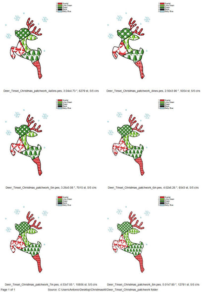 Patchwork Deer Tinsel Christmas theme cute Reindeer patterned silhouette outline kids baby machine embroidery designs sizes 4 up to 8 inches