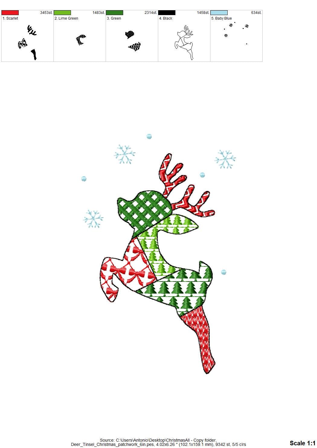 Patchwork Deer Tinsel Christmas theme cute Reindeer patterned silhouette outline kids baby machine embroidery designs sizes 4 up to 8 inches