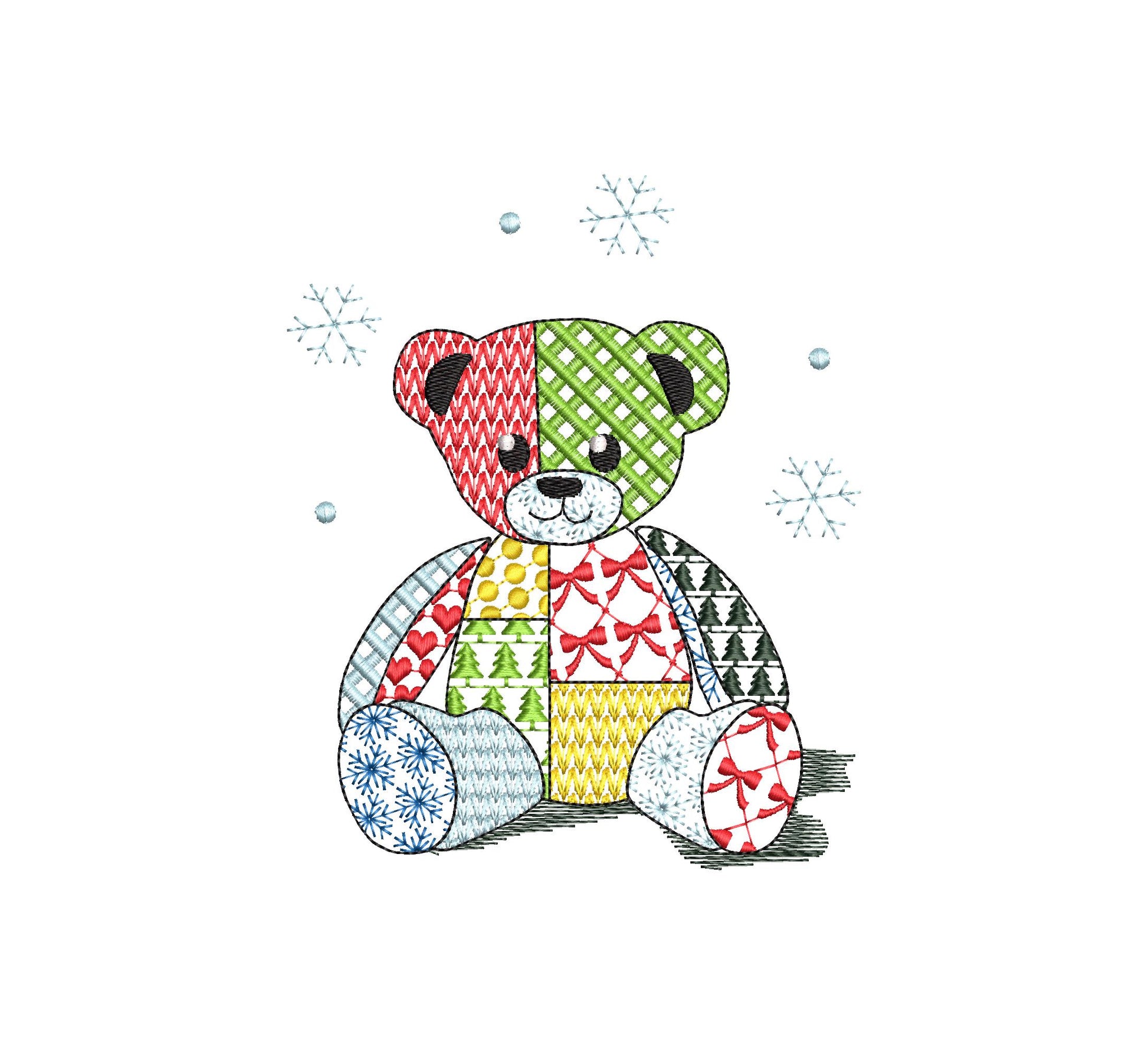 Patchwork Teddy Bear Nathan Christmas theme cute Teddy patterned silhouette outline kids baby machine embroidery designs sizes 4 up to 8 in