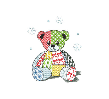 Patchwork Teddy Bear Nathan Christmas theme cute Teddy patterned silhouette outline kids baby machine embroidery designs sizes 4 up to 8 in