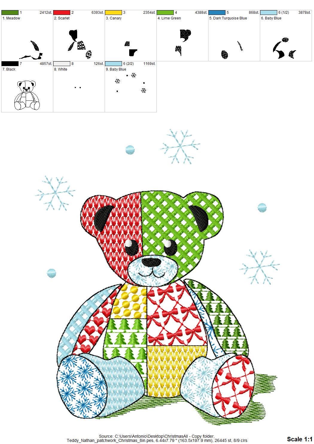 Patchwork Teddy Bear Nathan Christmas theme cute Teddy patterned silhouette outline kids baby machine embroidery designs sizes 4 up to 8 in