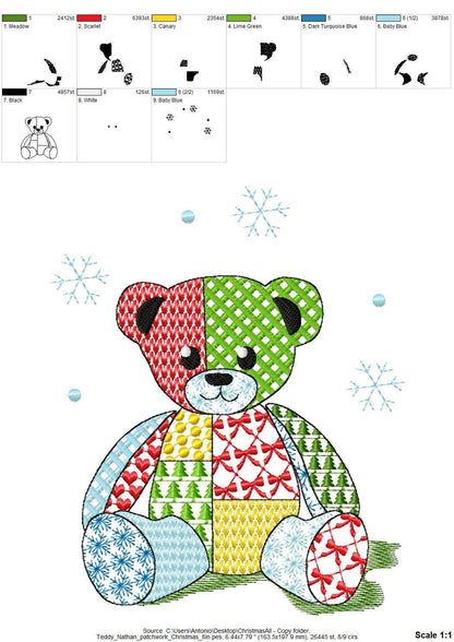 Patchwork Teddy Bear Nathan Christmas theme cute Teddy patterned silhouette outline kids baby machine embroidery designs sizes 4 up to 8 in