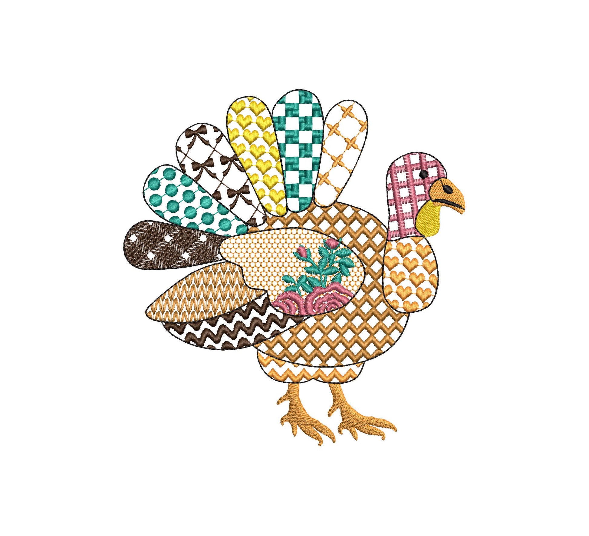 Patchwork Turkey Lola Fall Thanksgiving Turkey patterned outline machine embroidery designs sizes 4 up to 8 inch awesome kitchen farm design