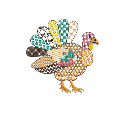 Patchwork Turkey Lola Fall Thanksgiving Turkey patterned outline machine embroidery designs sizes 4 up to 8 inch awesome kitchen farm design
