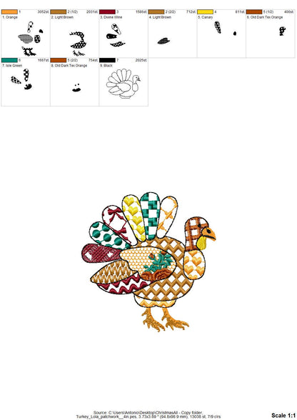 Patchwork Turkey Lola Fall Thanksgiving Turkey patterned outline machine embroidery designs sizes 4 up to 8 inch awesome kitchen farm design