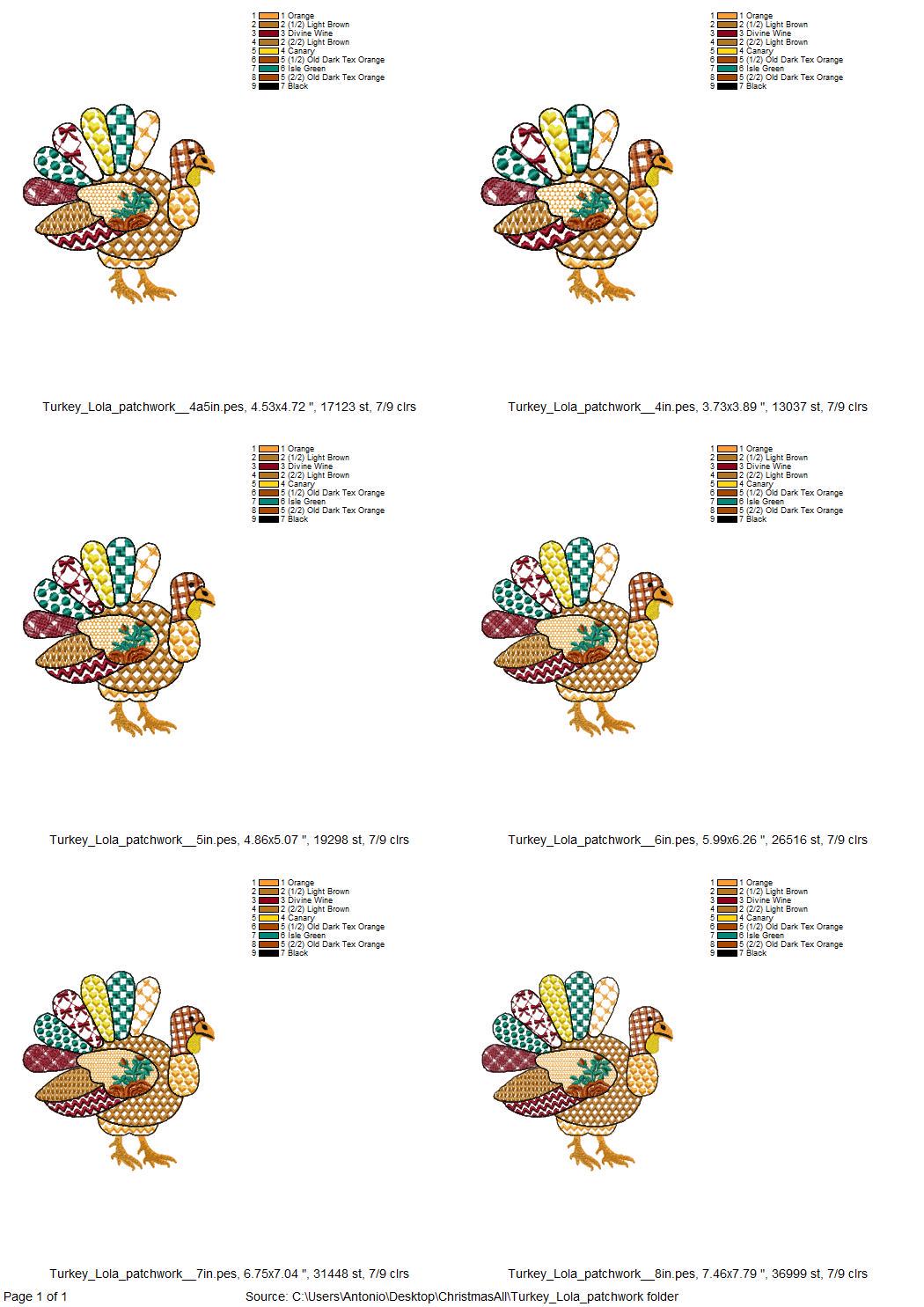 Patchwork Turkey Lola Fall Thanksgiving Turkey patterned outline machine embroidery designs sizes 4 up to 8 inch awesome kitchen farm design