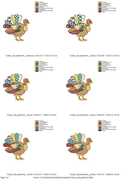 Patchwork Turkey Lola Fall Thanksgiving Turkey patterned outline machine embroidery designs sizes 4 up to 8 inch awesome kitchen farm design