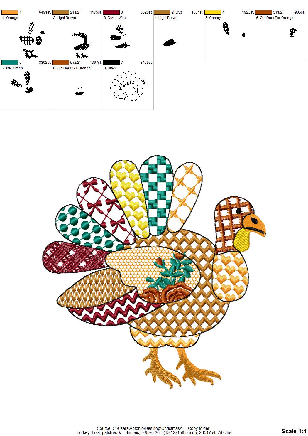 Patchwork Turkey Lola Fall Thanksgiving Turkey patterned outline machine embroidery designs sizes 4 up to 8 inch awesome kitchen farm design