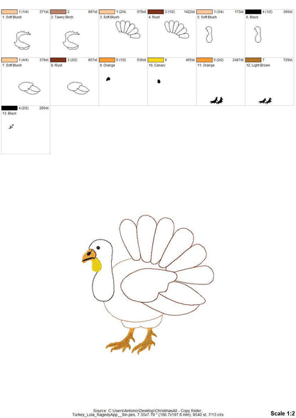 Turkey Lola raggedy edge Applique Fall Thanksgiving Turkey machine embroidery designs sizes 4 up to 8 inch sweet home farm kitchen design