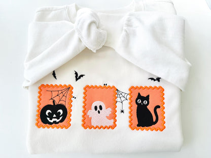 Halloween Cute Trio Portrait in Frame Pumpkin Jack Lantern Little Ghost and Black Cat Applique scary spooky machine embroidery designs - image 1