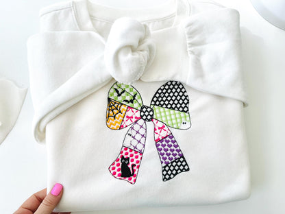 Halloween Bow patchwork patterned Heirloom Bow Bats Black Cat machine embroidery designs sizes 4 up to 8.5 inch girls scary spooky design - image 2